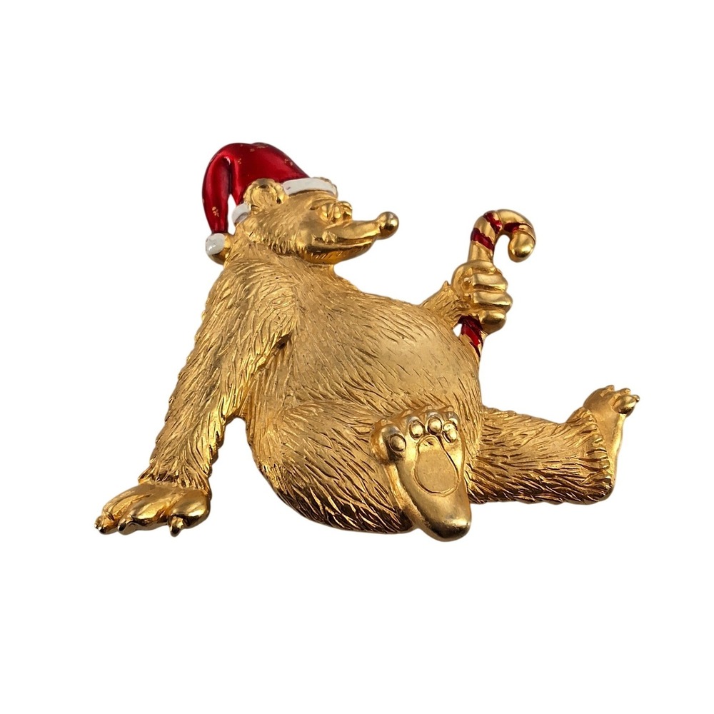 Vintage JJ Jonette Christmas Polar‎ Bear Santa Hat Candy Cane Brooch Pin